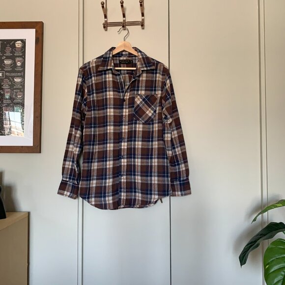 Activa Brown and Navy Blue Plaid Flannel Button Down Shirt - Picture 3 of 10